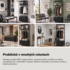 Kancelársky regál otvorený s tyčou na oblečenie, do recepcie a čakárne, kovový, čierny, 800x2200x400 mm: ARIEL