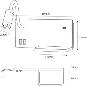 Nástenné LED svietidlo Shelf, 1x LED 4+5+2w, 4000k, b/w, vypínač