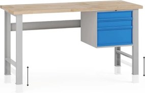Výškovo nastaviteľný dielenský stôl G7, buková škárovka, 1700 x 800 x 840-1040 mm, 1x kontajner, 3 zásuvky, modrá