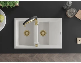 Mexen Gaspar, 1,5-komorový granitový drez 737x475x177 mm a drezová batéria Aster, biela, 6507-20-73450-57-G