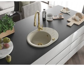 Mexen Kevin, granitový drez 586x458x190 mm, 1-komorový a drezová batéria Savita, béžová, 6517-69-672601-50