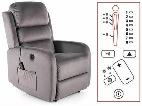 Elektrické polohovací křeslo Pegaz Velvet s masáží šedé