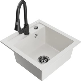 Mexen Vito, 1-komorový granitový drez 490x520x210 mm a drezová batéria Elia, biela, 6503-20-670101-70
