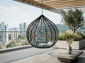 Čierne závesné kreslo KOKON bez stojana, zeleno-biely vankúš