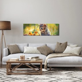Obraz mačiatka pozerajúce sa na kvetinu (s hodinami) (90x30 cm)