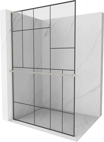 Mexen Kioto+ L, sprchová zástena Walk-In s poličkou a vešiakom 80 x 200 cm, 8mm číre sklo čierny vzor, brúsená oceľ profil, 800-080-123-97-78