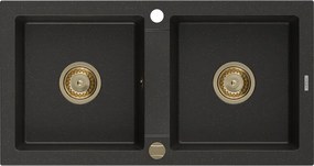 Mexen Mario, granitový drez 820x436x161 mm, 2-komorový, čierna-zlatá metalíza so zlatým sifónom, 6504822000-75-G