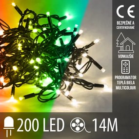 Vianočná led svetelná reťaz vonkajšia s časovačom + programátor + 2 farebné variácie - 200led - 14m teplá biela/multicolour