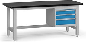 Pracovný stôl do dielne G4 so závesným boxom na náradie, MDF + PVC doska, 3 zásuvky, 1800 x 750 x 800 mm, modrá