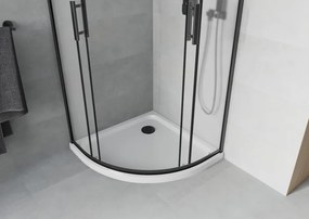 Mexen Rio, štvrťkruhový sprchovací kút s posuvnými dverami 90(dvere) x 90(dvere) x 190 cm, 6mm sklo námraza, čierny profil + biela sprchová vanička SLIM, 863-090-090-70-30-4110B