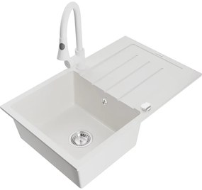 Mexen Bruno, 1-komorový granitový drez 795x495x200 mm a drezová batéria Elia, biela, 6513-20-670101-20