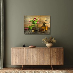 Sklenený obraz - tulipány, mlynček a káva (70x50 cm)