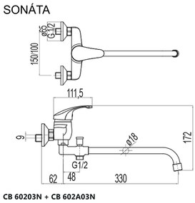 Mereo Mereo, Nástenná batéria do byt. jadra, Sonáta, bez příslušenstva pr. 18 mm - 330 mm, chróm, MER-CB60203N