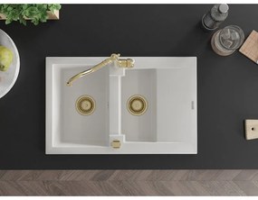 Mexen Pablo, granitový drez 752x436x161 mm, 1-komorový a drezová batéria Carla, biela, 6510-20-670700-50