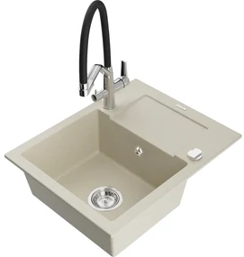Mexen Enzo, granitový drez 576x465x174 mm, 1-komorový a drezová batéria Duo, béžová, 6506-69-671701-07