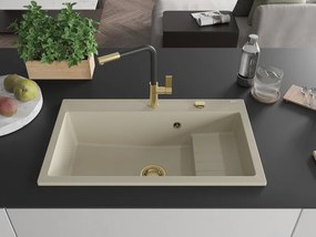 Mexen Omar granitový kuchynský drez 1-komorový 800 x 480 mm, béžový, sifón zlatý - 6520801005-69-G