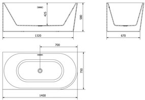 Mexen Mia, voľne stojaca rohová vaňa ľavá 140 x 75 cm, biela, grafitový prepad, 52691407500L-95
