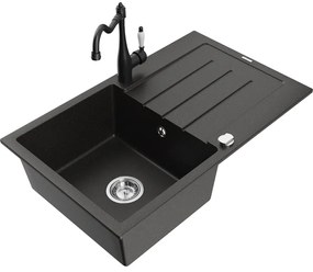 Mexen Bruno, granitový drez 795x495x200 mm, 1-komorový a drezová batéria Carla, čierna-zlatá metalíza, 6513-75-670700-70