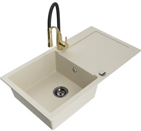 Mexen Leo, granitový drez 900x500x190 mm, 1-komorový a drezová batéria Aster, béžová, 6501-69-73450-57-B