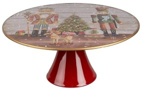 Červený vianočný plastový podnos na tortu Luskáčik - Ø 33*14 cm