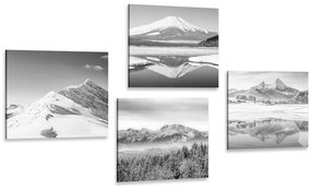 Set obrazov zasnežené hory v čiernobielom