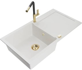 Mexen Leo, 1-komorový granitový drez 900x500x190 mm a drezová batéria Flora, biela, 6501-20-670401-57-G