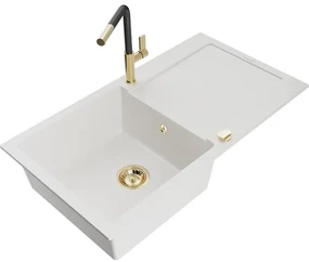 Mexen Leo, 1-komorový granitový drez 900x500x190 mm a drezová batéria Flora, biela, 6501-20-670401-57-G