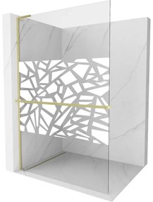 Mexen Kioto+ L, sprchová zástena Walk-In s poličkou a vešiakom 100 x 200 cm, 8mm číre sklo biely vzor, zlatý matný profil, 800-100-123-55-85