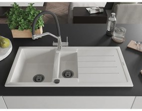 Mexen Andres, granitový drez 1000x500x200 mm, 1,5-komorový a drezová batéria Duo, biela, 6515-20-671701-07-B