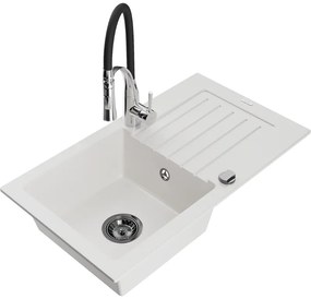 Mexen Pablo, 1-komorový granitový drez 752x436x161 mm a drezová batéria Aster, biela, 6510-20-73450-07-B