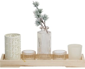 Súprava svietnikov na drevenom podnose Winter Time, 6 ks, 10,5 x 32,5 cm