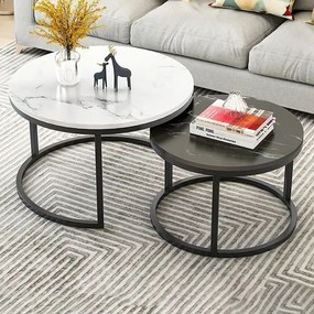 Súprava 2 okrúhlych konferenčných stolíkov – biely a čierny mramor