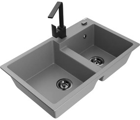 Mexen Tomas, granitový drez 800x500x190 mm, 2-komorový a čierna batéria Rita, šedá, 6516-71-670300-70-B