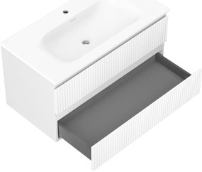 Mexen Rivel, kúpeľňová skrinka 90 cm s umývadlom Vela, 2 zásuvky, drážkovaná, biela matná, 91A20-09047-2-BFF01-W23M01