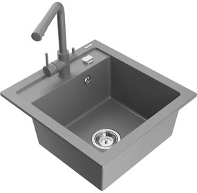 Mexen Vito, 1-komorový granitový drez 520x490x210 mm, šedá batéria Duero, šedá, 6503-71-671600-71
