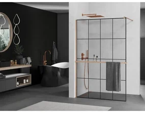 Mexen Kioto+, sprchová zástena Walk-In s poličkou a vešiakom 130 x 200 cm, 8mm číre sklo čierny vzor, medený matný profil, 800-130-121-65-77