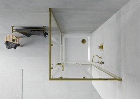 Mexen Rio, štvorcový sprchovací kút s posuvnými dverami 80(dvere) x 80(dvere) x 190 cm, 6mm číre sklo, zlatý profil + biela sprchová vanička SLIM, 860-080-080-50-00-4010G