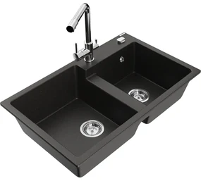 Mexen Tomas, granitový drez 800x500x190 mm, 2-komorový a chrómová batéria Duero, čierna - zlatá metalíza, 6516-75-671600-00