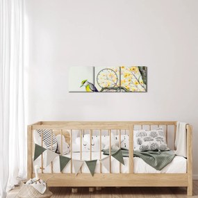 Obraz - Akvarelový vtáčik na strome (s hodinami) (90x30 cm)