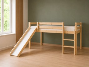 Detská vyvýšená posteľ z masívu so šmykľavkou - prírodný lak