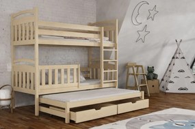 Detská poschodová posteľ z masívu borovice ONDRA s prístelkou a šuplíkmi - 200x80 cm - PRÍRODNÁ BOROVICA
