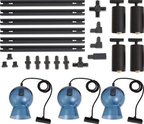 Modern Black Track System with 4 Spotlights and 3 Blue Pendant Lights 1-Phase - Iconic Bell Jeana Luxe
