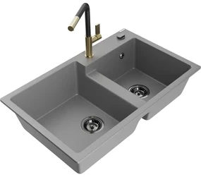 Mexen Tomas, 2-komorový granitový drez 800x500x190 mm a drezová batéria Flora, šedá, 6516-71-670401-57-B