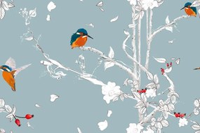 Samolepiaca tapeta vtáčiky v hustom lese s modrým pozadím