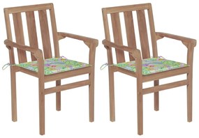 Záhradné stoličky 2 ks+podložky, vzor s listami, tíkový masív 3062220