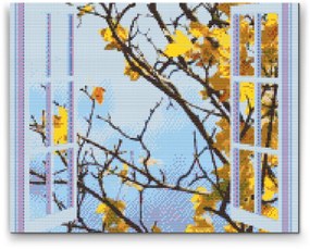 Gario Diamantové maľovanie Jesenné okno Rozmery: 50 x 40 cm, Rámovanie: Iba zrolované plátno, Diamanty: Štvorcové