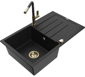 Mexen Bruno, 1-komorový granitový drez 795x495x200 mm a drezová batéria Flora, čierna, 6513-77-670401-57-G