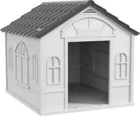 PawHut Psia búda Exteriérová 84,2x98,2x82 cm so vzorom okna a imitovanou dlaždicovou strechou pre veľkých psov Šedá a biela | Aosom