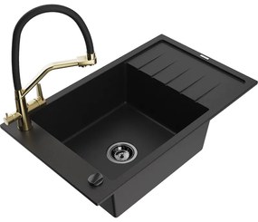Mexen Elias, 1-komorový granitový drez 795x480x200 mm a drezová batéria Duo, čierna, 6511-77-671701-57-B