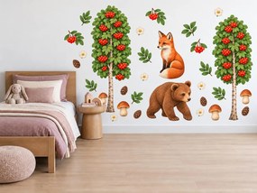 Líška a medvedík pod jarabinami jarabinové detské nálepky na stenu do izby pre chlapcov aj dievčatá arch 34 x 46 cm
